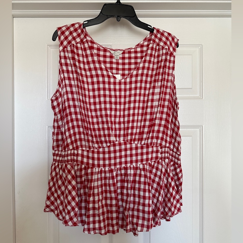 Red and white gingham sleeveless peplum blouse